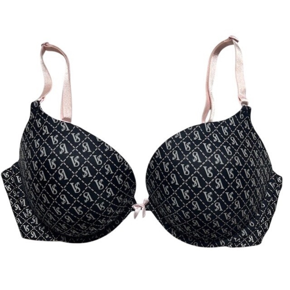 Victoria's Secret Sz 36D Sexy Tee Push Up Bra Black/Pink VS Logo Print-1274